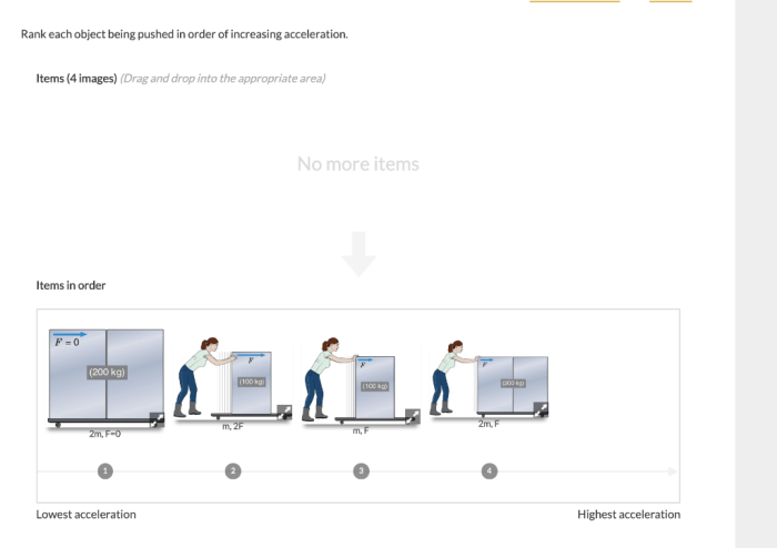 Rank each object being pushed in order of increasing acceleration